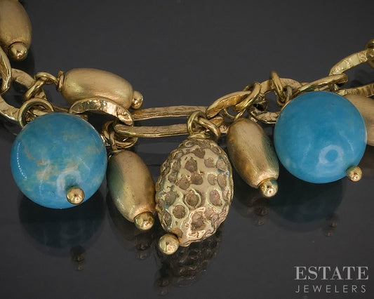 Sterling Silver 10mm Natural Turquoise Beaded Charm Bracelet 27.9g 6.75"L p19107