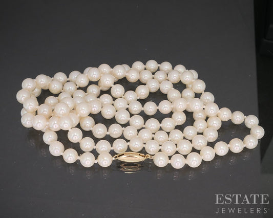14k Yellow Gold 6mm Cultured Akoya Pearl Necklace 32"L p92238