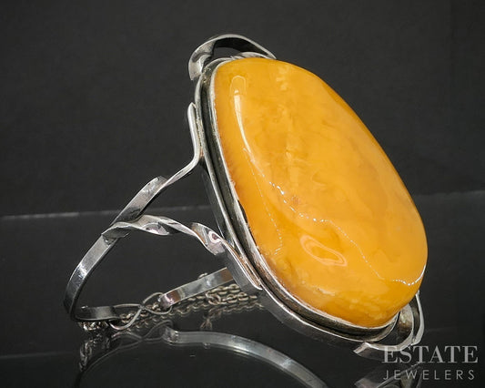 Antique Sterling Silver Large Butterscotch Amber Bangle Bracelet 63.9g p18855