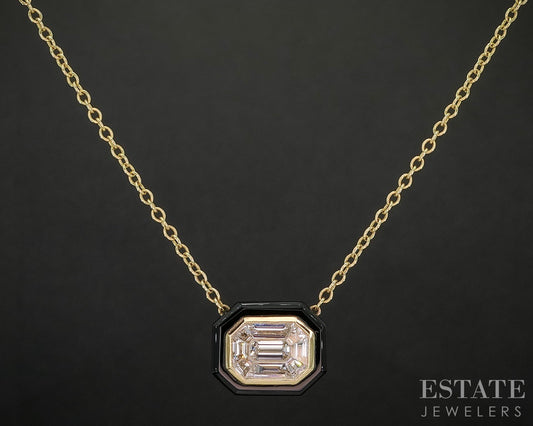 18k Yellow Gold Natural .64ctw Diamond & Black Agate Shield Necklace 4.8g p18787