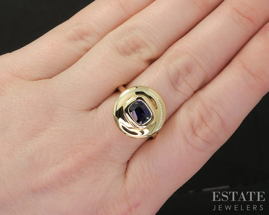 18k Yellow Gold Natural 1.15ct Blue Sapphire Ladies Shield Ring 6.7g p18786