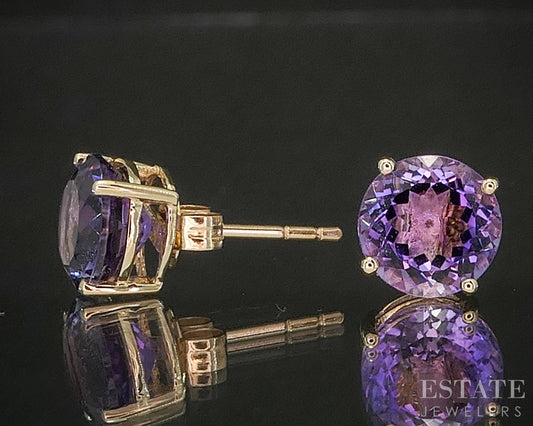 14k Yellow Gold 8mm Round Natural Amethyst Stud Earrings 2.0g p19239b