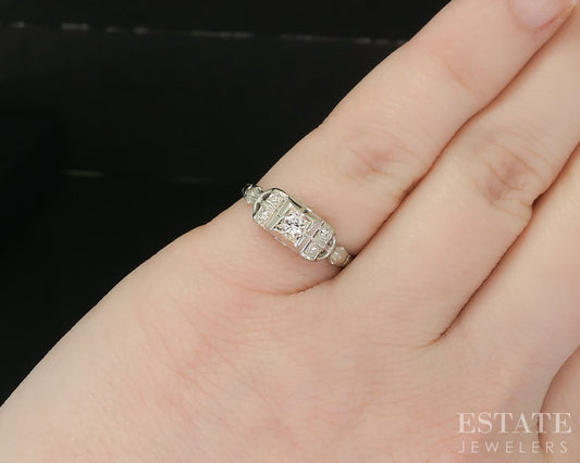 Antique 14k White Gold Transitional Natural .10ctw Diamond Filigree Ring p19269b