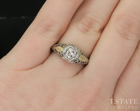 Antique 18k Two Tone Gold Natural .24ct Diamond Filigree Solitaire Ring p19302b