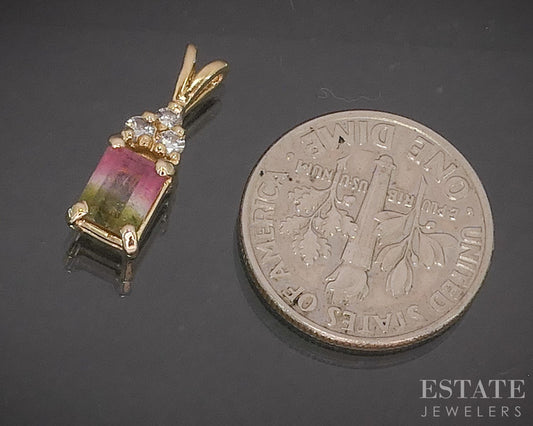 14k Yellow Gold Natural Watermelon Tourmaline & Diamond Pendant 1.0g p19304b
