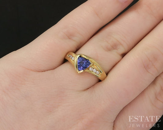 18k Yellow Gold Trillion Natural Tanzanite & Diamond Ladies Ring 5.8g p18897