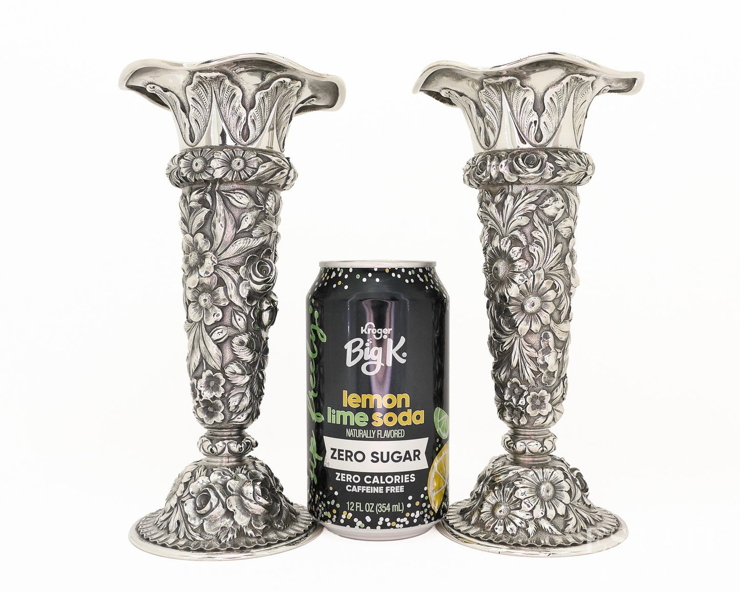 Antique Sterling Silver 1916 Stieff Repoussé 8" Flower Vase Set 494g p18863