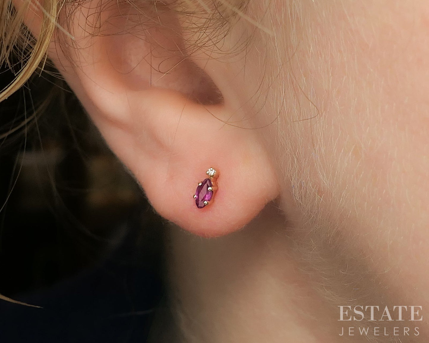 14k Yellow Gold Marquise Natural Ruby & Diamond Stud Earrings 0.5g p19458b