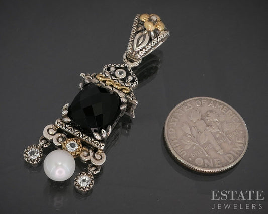18k & Sterling Barbara Bixby Black Onyx Pearl & Sapphire Pendant 8.4g p19901