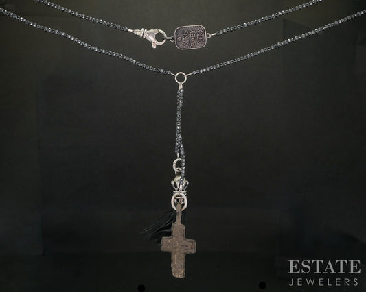 Sterling King Baby Hematite Beaded Crown Leather Tassel Necklace 28"L p20319