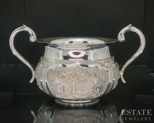 Antique Sterling Indian Elephant Repoussé Creamer & Sugar Bowl Set 372g p19728
