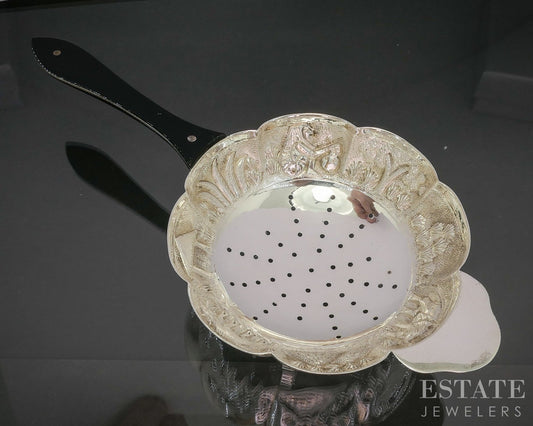 Antique Sterling Silver Indian Ebony Elephant Repoussé Tea Strainer 58g p19729