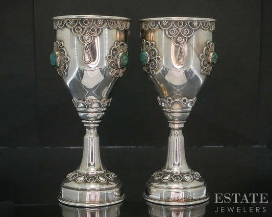 Sterling Silver Eilat Stone Israel Judaica Kiddush Cup Goblet Set 92g p19734