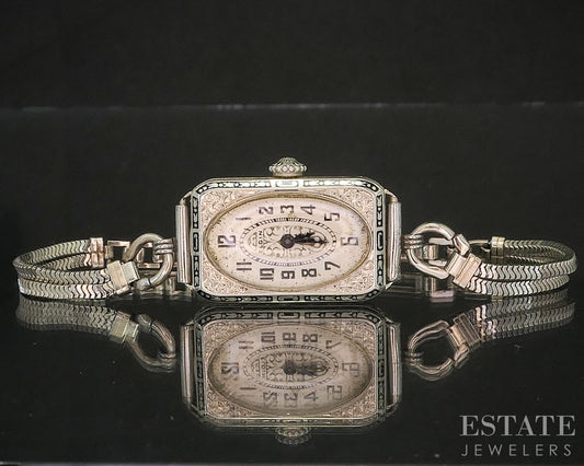 Antique Art Deco 14k White Gold Elgin Enameled Ladies Watch 19.9g p15962