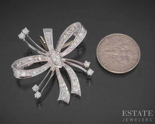 Vintage Platinum Natural 1.90ctw Diamond Bow Ribbon Pin Pendant 8.6g p16551
