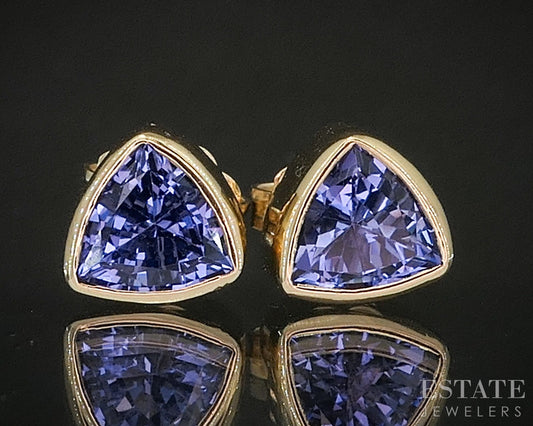 14k Yellow Gold Trillion Natural Tanzanite Bezel Set Stud Earrings 2.0g p16585