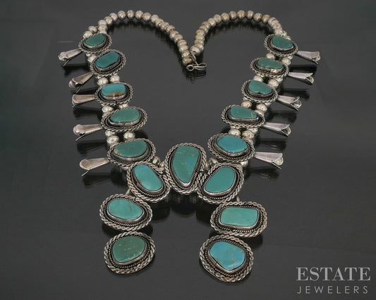 Sterling Natural Turquoise Navajo Squash Blossom Necklace 157g p16579