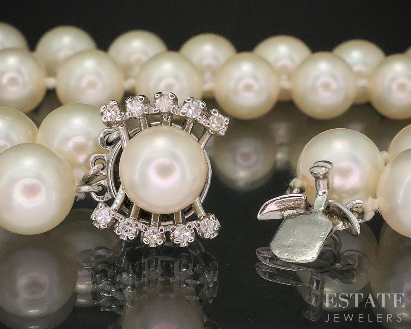 Vintage 14k White Gold 9mm Akoya Pearl Diamond Necklace 19"L p17005