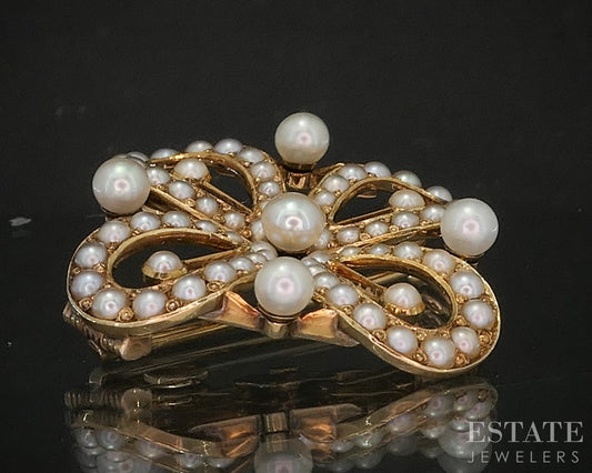 Antique Victorian 14k Yellow Gold Flower Seed Pearl Pin Pendant 5.3g p14789