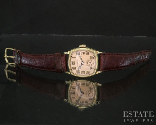 Antique 1928 14k Yellow Gold Hamilton 987 Engraved Cushion Mens Watch p17023