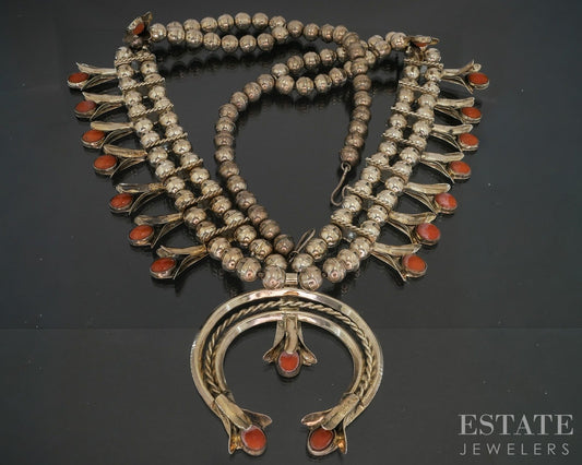 Sterling Natural Coral Navajo Squash Blossom Necklace 162g p18744