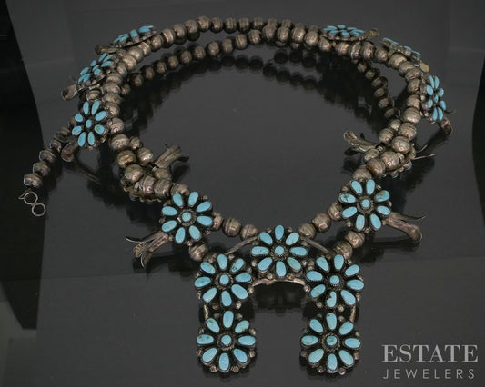 Sterling Natural Turquoise Cluster Navajo Squash Blossom Necklace 100g p19418