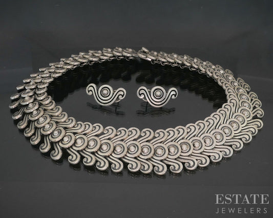 Vintage Sterling Mexico Tribal Link Collar Necklace & Earrings Set 389g p19726