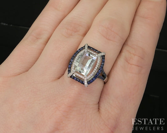 18k White Gold Natural Aquamarine Blue Sapphire & Diamond Ring 5g p19854