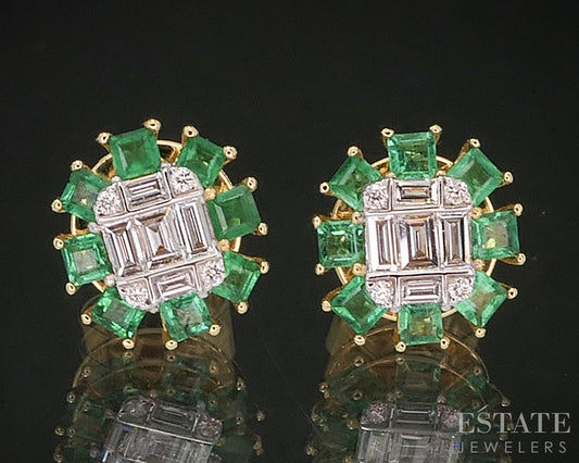 18k Yellow Gold Natural Diamond & Emerald Cluster Stud Earrings 2.4g p19860