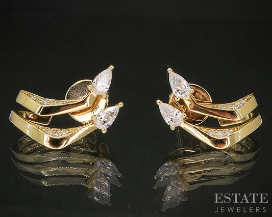 18k Yellow Gold Pear Natural .51ctw Diamond J-Hoop Earrings 4.2g p19859