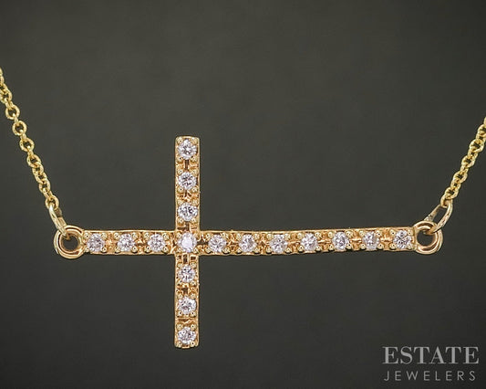 18k Yellow Gold Natural .19ctw Diamond Sideways Cross Necklace 2.6g 17"L p19861