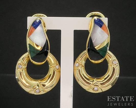 14k Yellow Gold Asch Grossbardt Multi Gem & Diamond Dangle Earrings 13g p17086