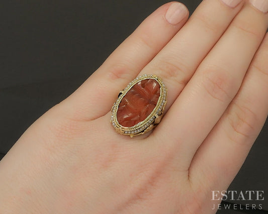 Antique Art Nouveau 14k Yellow Gold Carnelian & Seed Pearl Ring 6.1g p17833