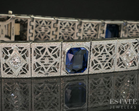 Antique 14k White Gold Blue Sapphire & Diamond Filigree Link Bracelet 18g p17081