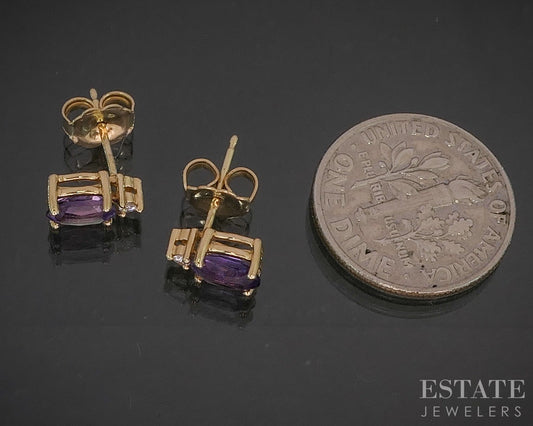 14k Yellow Gold Natural Amethyst & Diamond Stud Earrings 1.1g p16131b