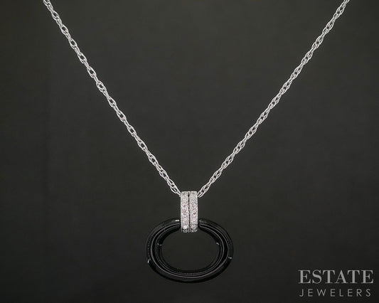 Platinum & 14k Oval Natural Black Onyx & Diamond Necklace 0.5g 20"L p16135b