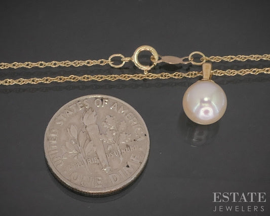 14k Yellow Gold 7.3mm Cultured Pearl Solitaire Ladies Necklace 1.6g 18"L p15336b
