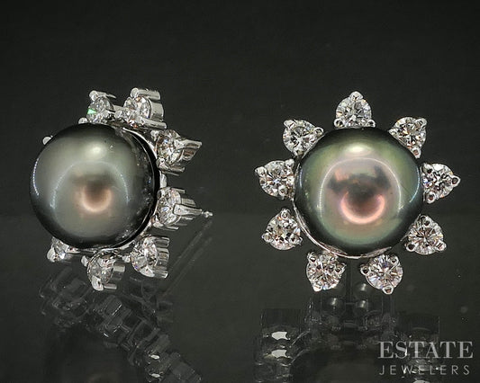 14k White Gold 11.1mm Tahitian Pearl & 1.44ctw Diamond Stud Earrings 9.8g p17971