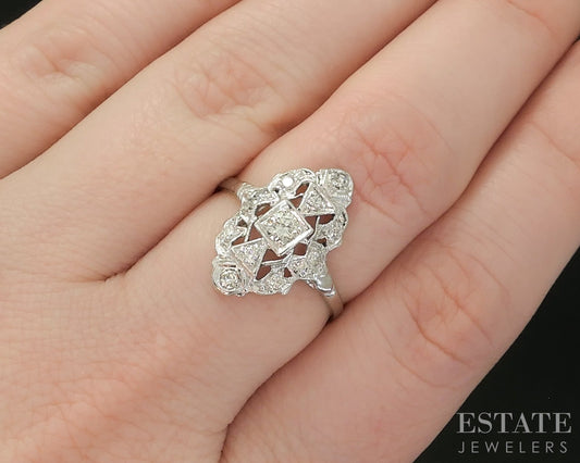 Antique Art Deco Platinum Natural .25ctw Diamond Filigree Shield Ring 3g p16716