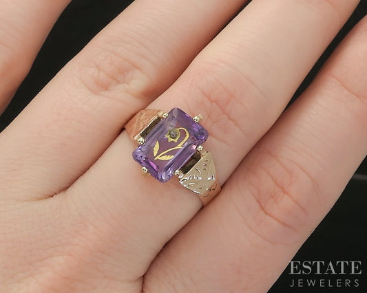 Antique Victorian 10k Yellow Gold Natural Amethyst & Diamond Ring 2.9g p16646