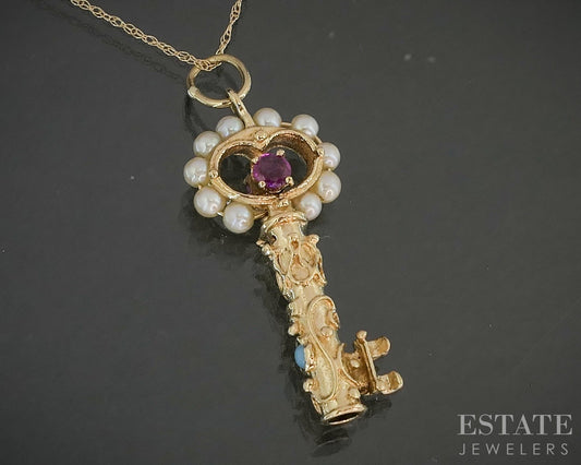 Antique Victorian 14k Yellow Gold Multi Gem Skeleton Key Necklace 2.6g p18783