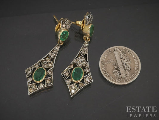 Vintage 18k Yellow Gold Sterling Natural Emerald & Diamond Earrings 7.1g p20851
