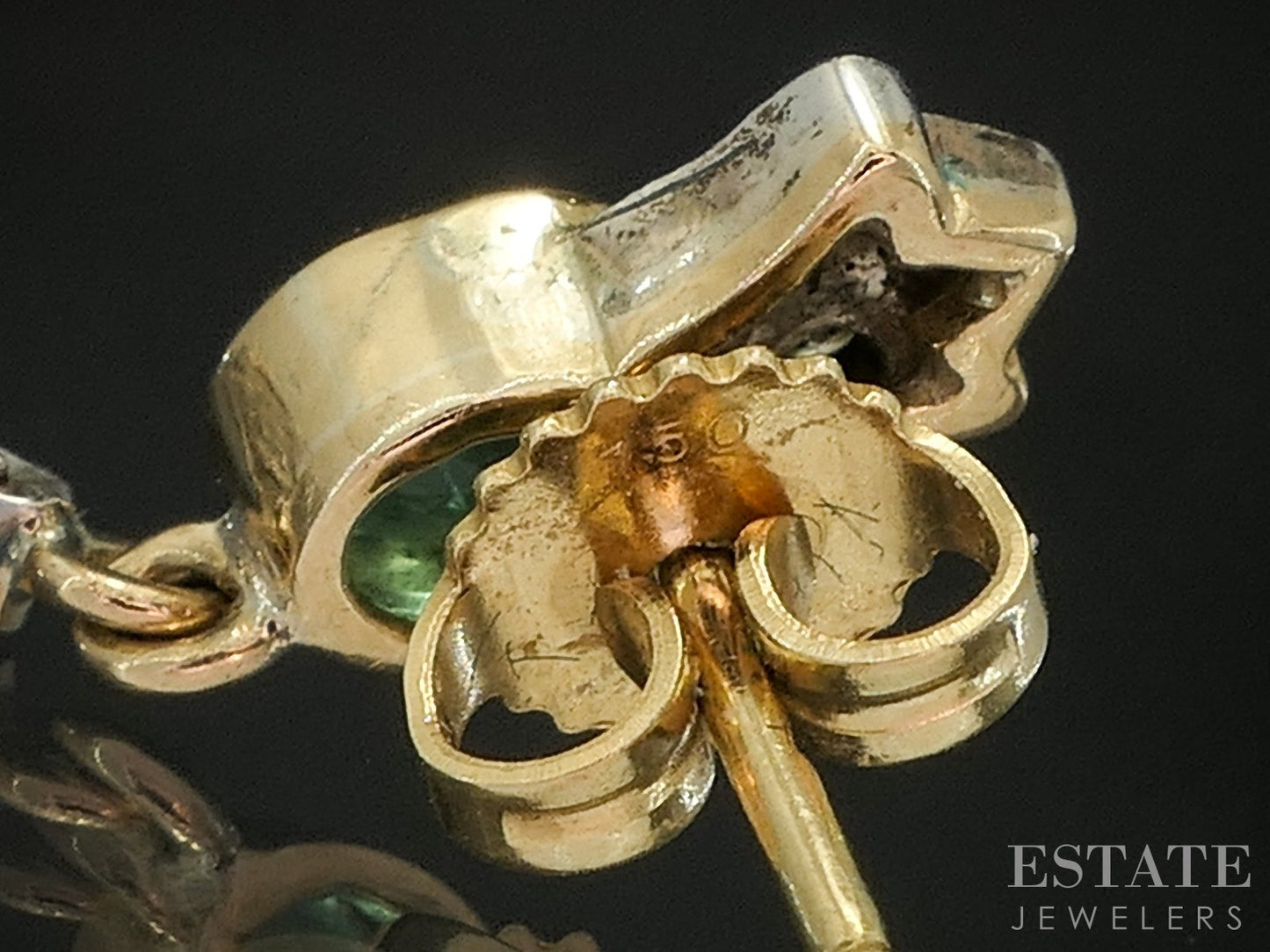 Vintage 18k Yellow Gold Sterling Natural Emerald & Diamond Earrings 7.1g p20851