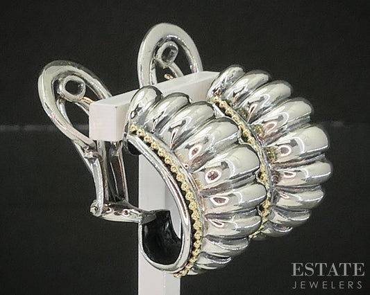 18k & Sterling Lagos Caviar Scalloped Half Hoop Omega Back Earrings 25g p18148