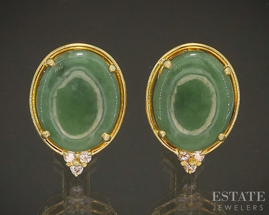 18k Yellow Gold Natural Green Jade & Diamond Omega Back Earrings 12g p20259