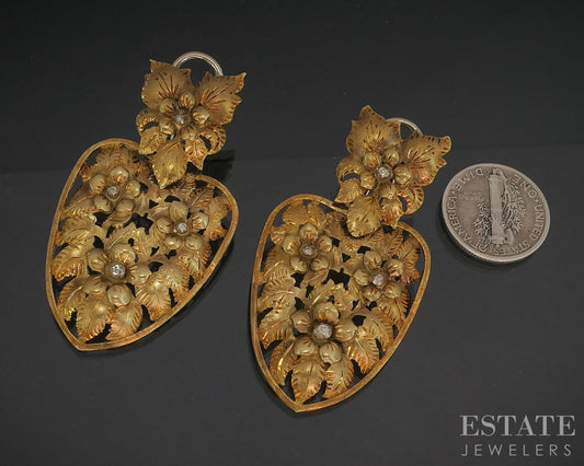 Vintage 18k Yellow Gold Floral Dangle Omega Back Earrings 16.1g p21242