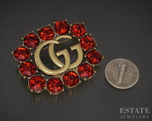 Vintage Gold Tone GUCCI Red Stone Border Pin Brooch p17996