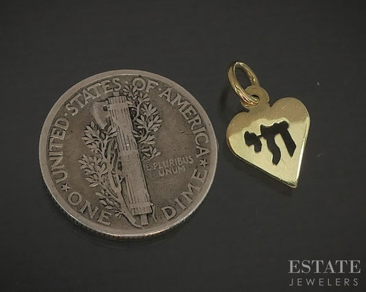 14k Yellow Gold Chai "Life" Judaism Cut Out Heart Charm 0.3g p17159b