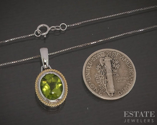 14k Yellow & White Gold Oval Natural Peridot Ladies Necklace 2.7g 18"L p17872b