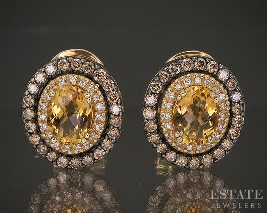 14k Honey Gold LeVian Natural Citrine & Diamond Omega Back Earrings 8.5g p14947